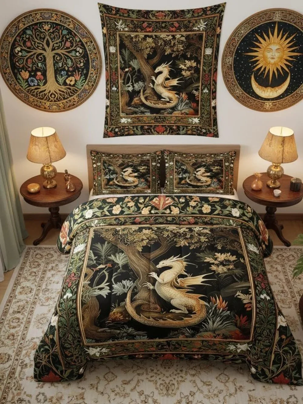 Western Dragon Comforter Set for Kids Country Style Flowers Leaves Bedding Set T